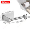 A silver stainless steel toilet paper holder with a rectangular mounting plate and a cylindrical rod.