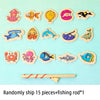 A wooden magnetic fishing rod set with 15 pieces of marine life to be used as a fishing game for kids