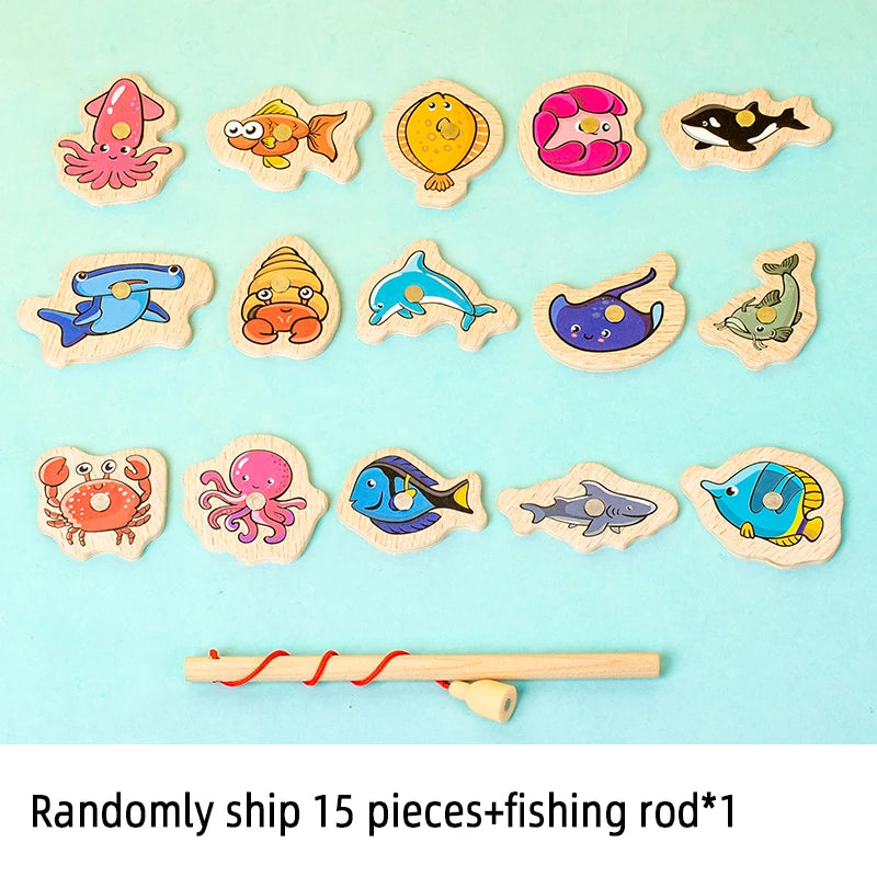 A wooden magnetic fishing rod set with 15 pieces of marine life to be used as a fishing game for kids