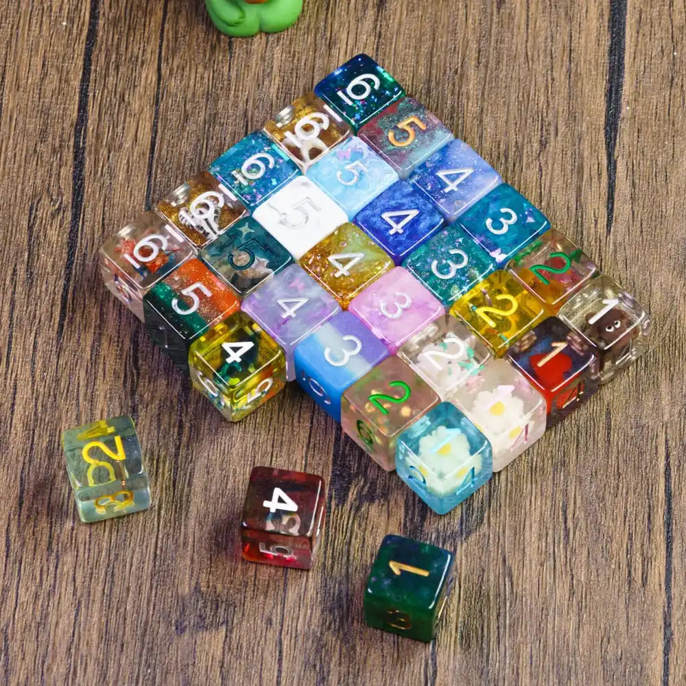 A pyramid arrangement of seven colorful polyhedral resin dice on a wooden surface.