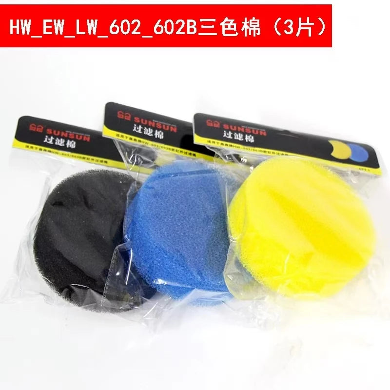 Three colored replacement filter sponges for aquarium filters: black, blue, and yellow.