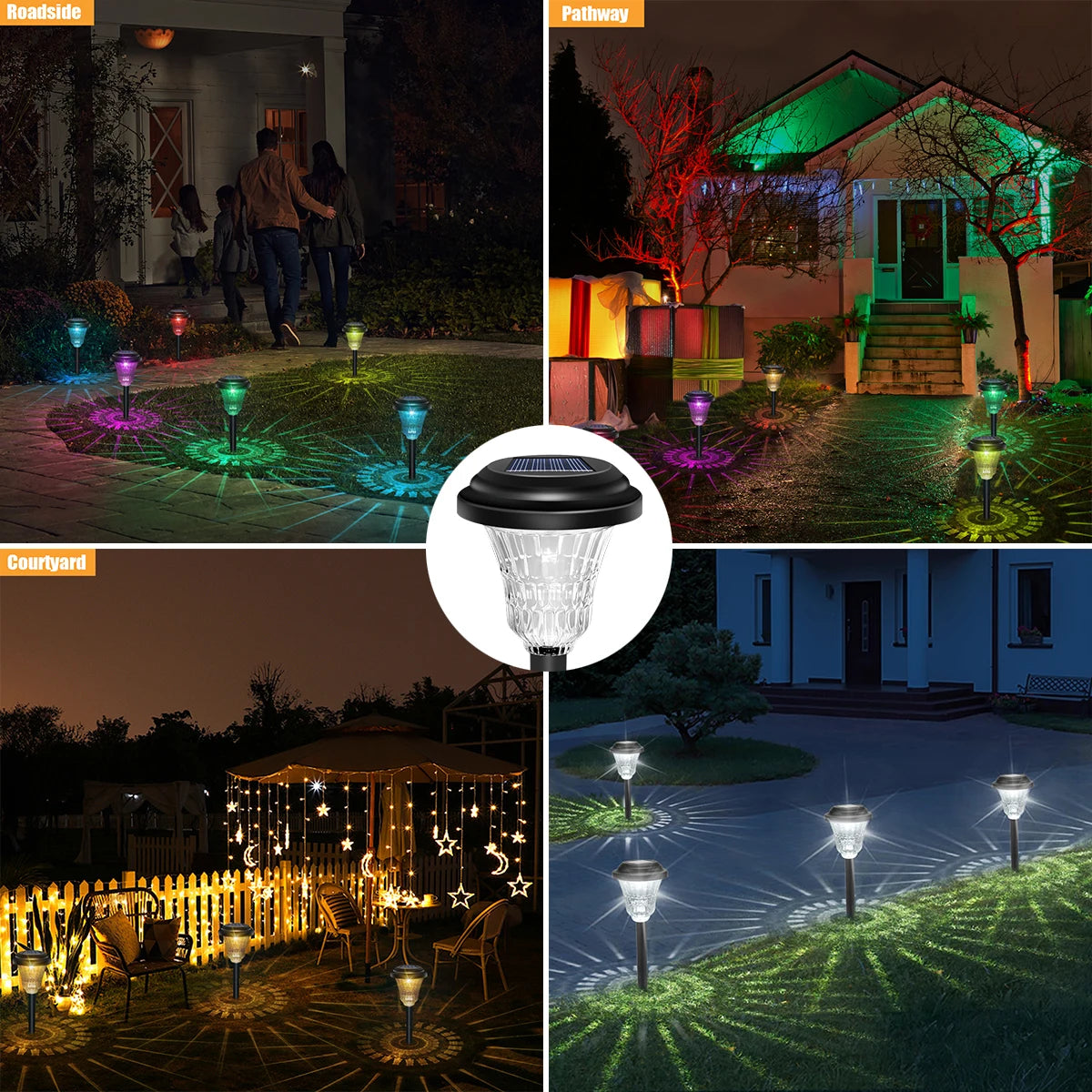 A collection of solar-powered LED pathway lights illuminating a residential pathway and courtyard at night.
