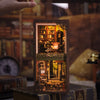 A wooden book nook kit featuring a detailed diorama of a detective's office with LED lighting.