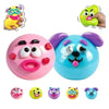 A set of colorful face-changing stress relief squishy toys including a yellow, green, and blue rubbery toy.