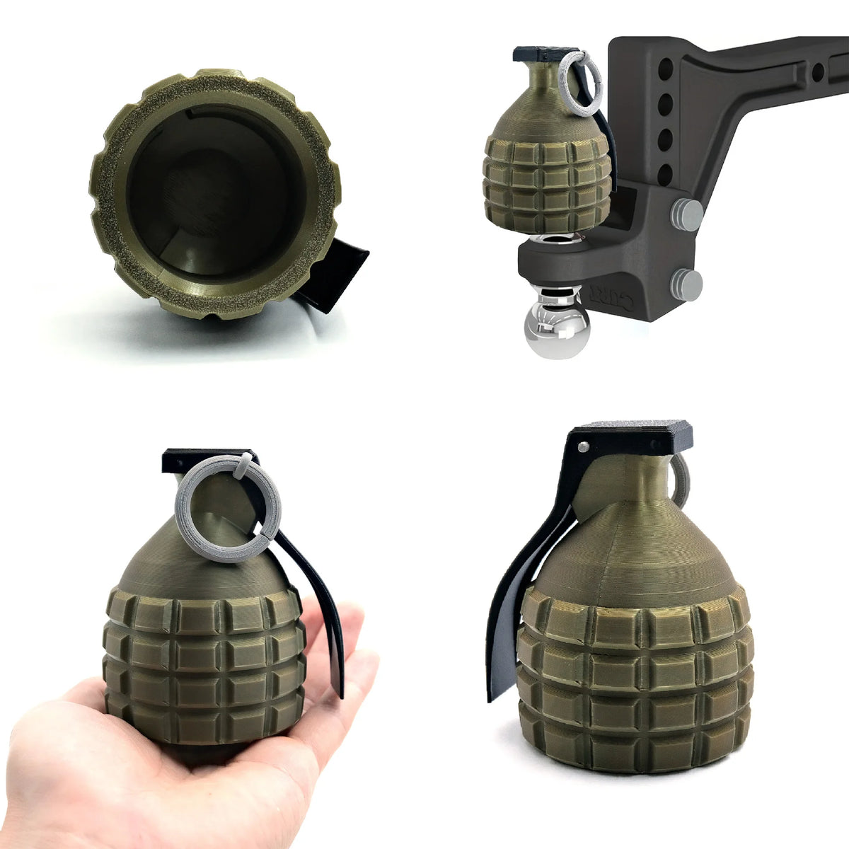 A universal tow ball cover protector in olive green, shown as a disassembled and assembled product.
