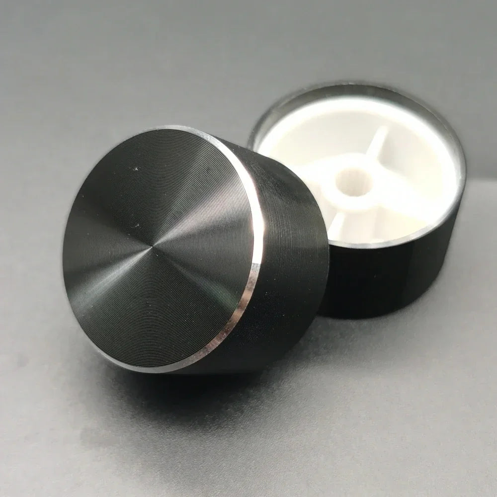 A close-up view of a black aluminum knob with a knurled texture, used for 6mm shaft potentiometers and encoders.