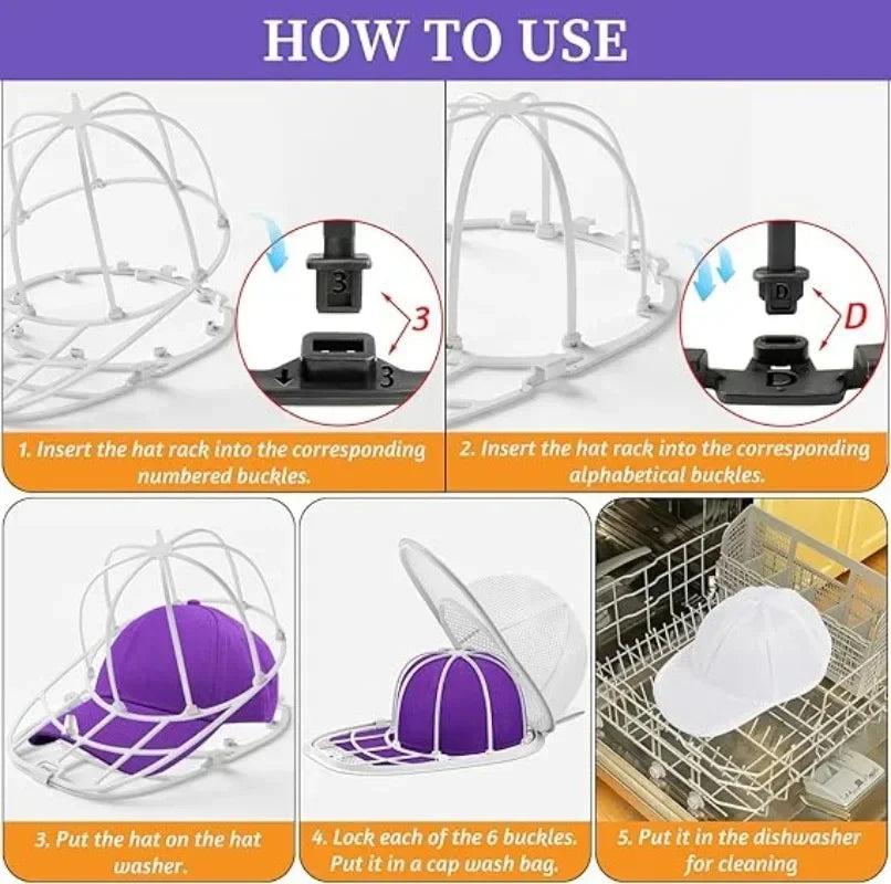 Instructions showing how to use a hat cleaning cage for washing machine laundry bag