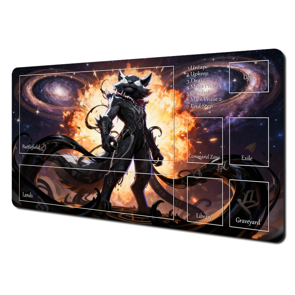 Fantasy card playmat featuring a dark, stylized rabbit archer and raccoon design with various zones.