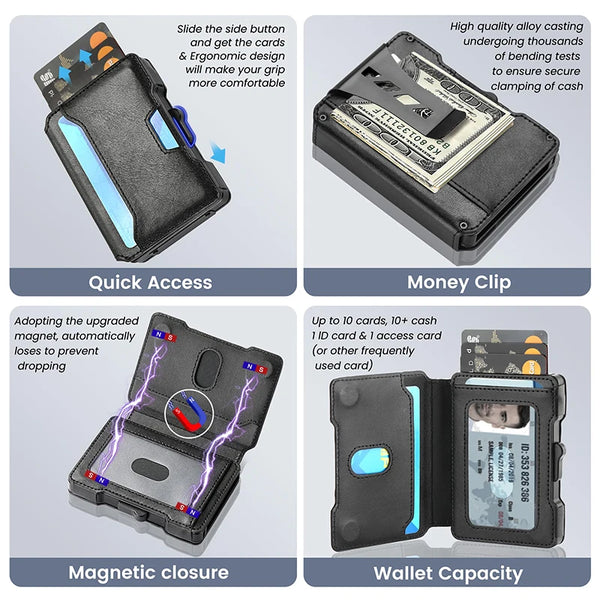 A black slim aluminum wallet featuring a money clip and magnetic closure for quick access and security.