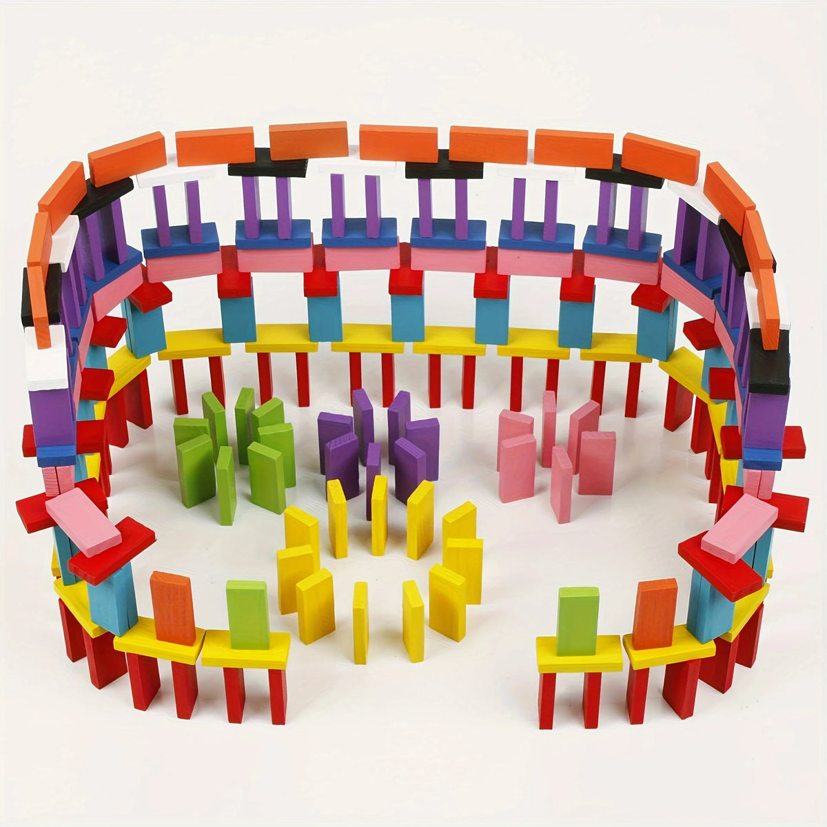A large set of multicolor wooden domino building blocks arranged in a circular pattern.