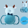 A light blue stuffed animal head protector with brown ears and a matching backpack featuring adjustable straps.