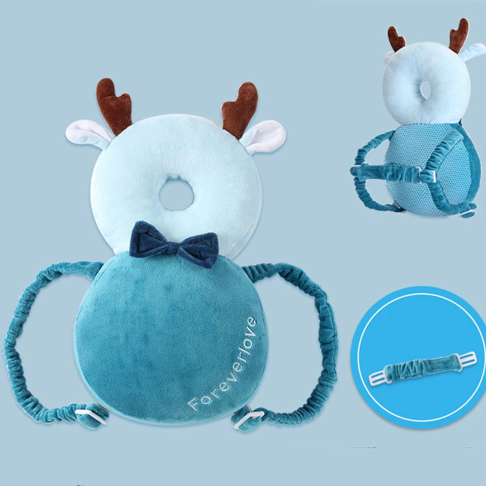 A light blue stuffed animal head protector with brown ears and a matching backpack featuring adjustable straps.