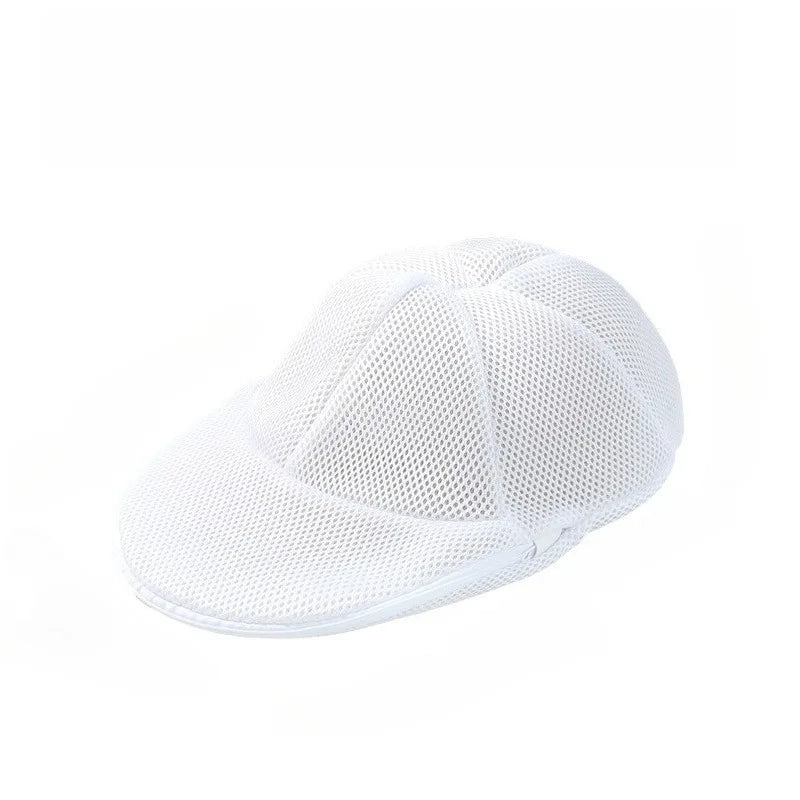 White mesh hat cleaning cage or laundry bag designed to preserve the shape of baseball caps.