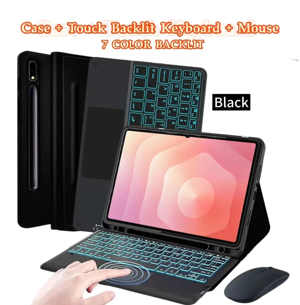 Black Touch Backlit Keyboard and Mouse combo with 7 color backlight shown next to a tablet.