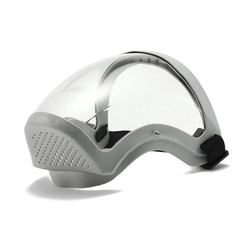 A clear full face anti-fog splash shield with a gray frame and adjustable strap.