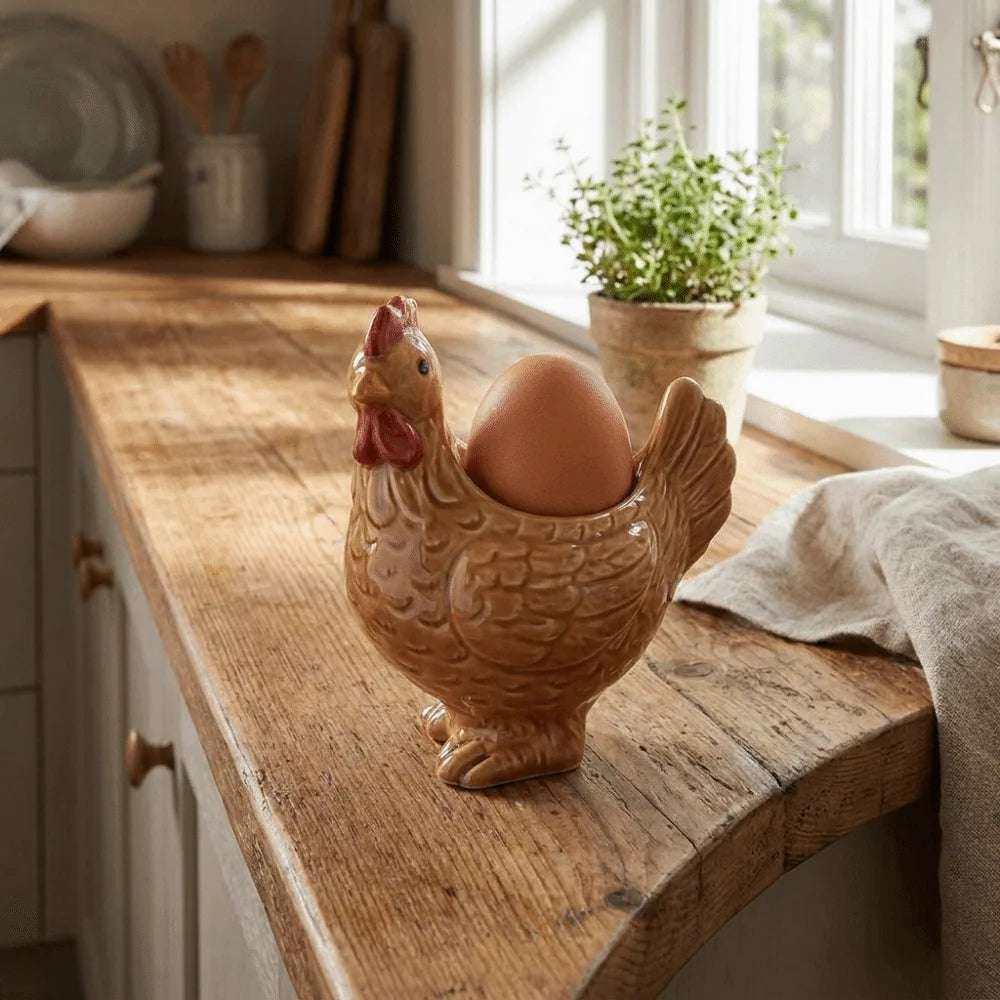 A ceramic chicken egg cup holding a brown egg sits on a wooden countertop next to a window.