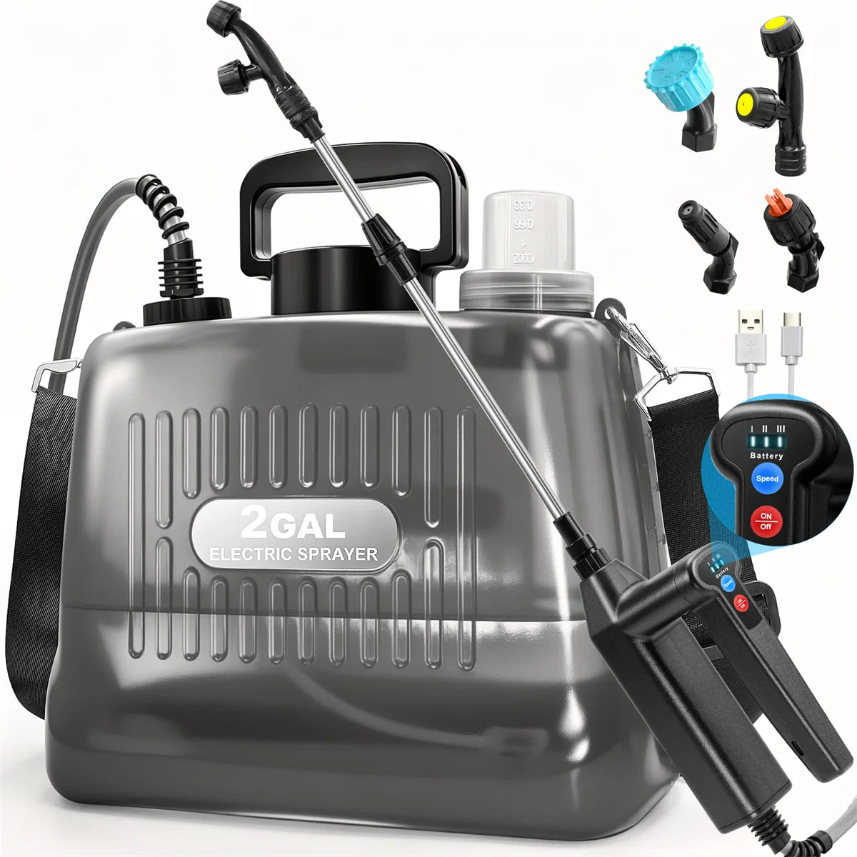 A gray 2 gallon electric sprayer with an adjustable wand and various spray nozzles is shown.