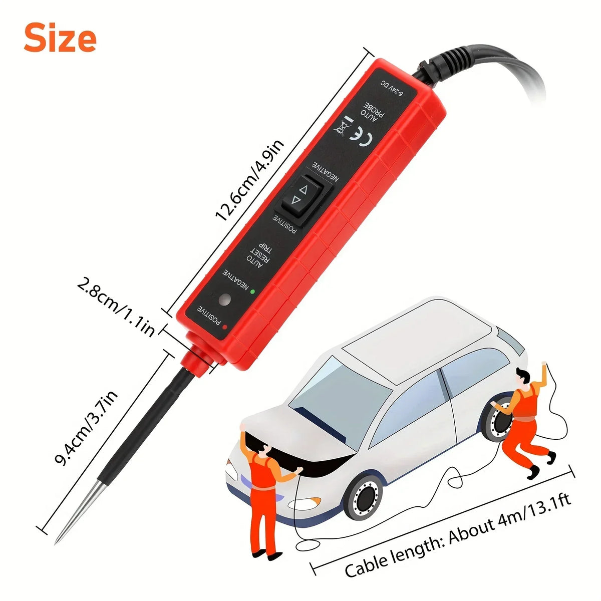 A red automotive circuit tester device with a cable is shown next to a white car.