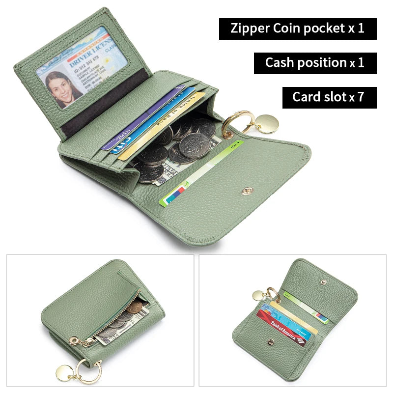 Genuine Leather Tri-Fold Wallet with Coin Pocket & Keychain