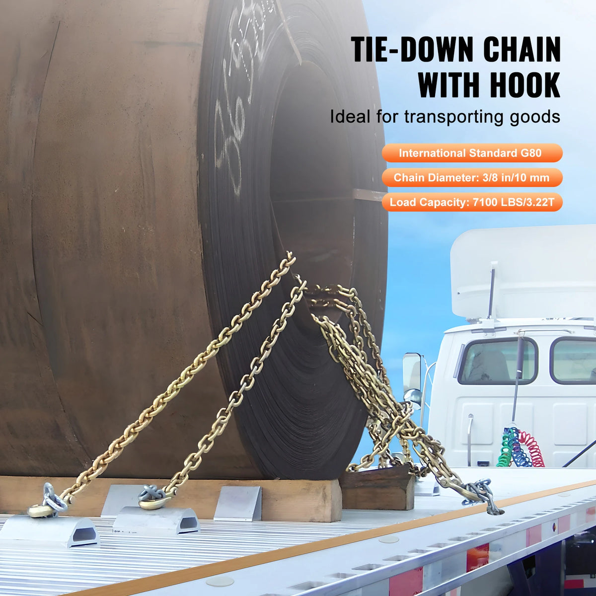 Tie-down chain with hook used for transporting goods, featuring a 3/8 in/10 mm diameter chain.