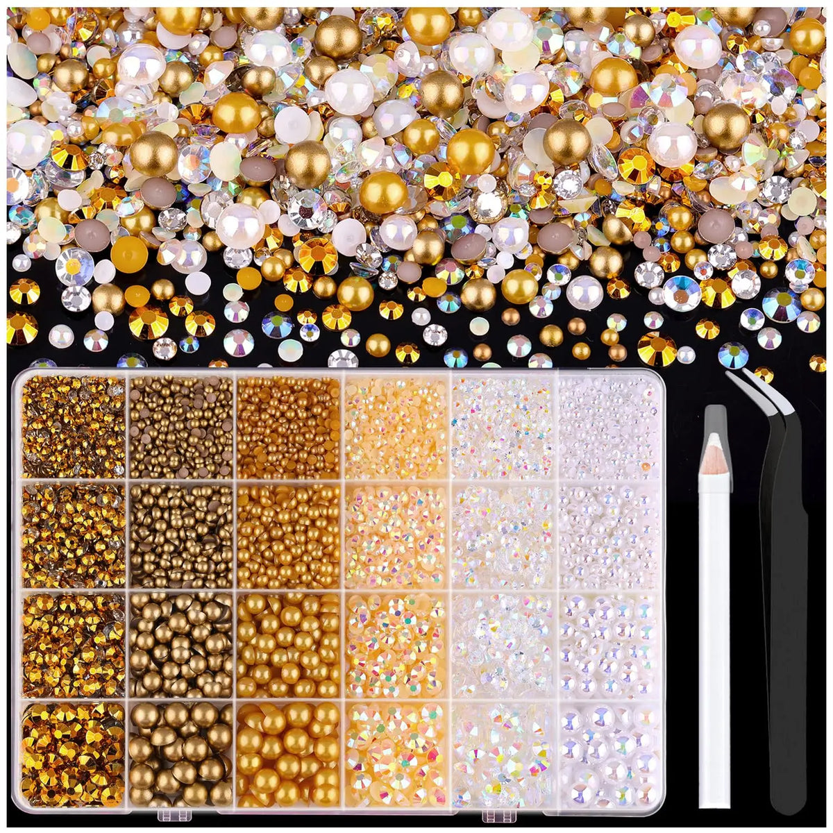 A flatback craft kit featuring various gold, silver, and iridescent pearls and rhinestones with a tweezer and picker tool.