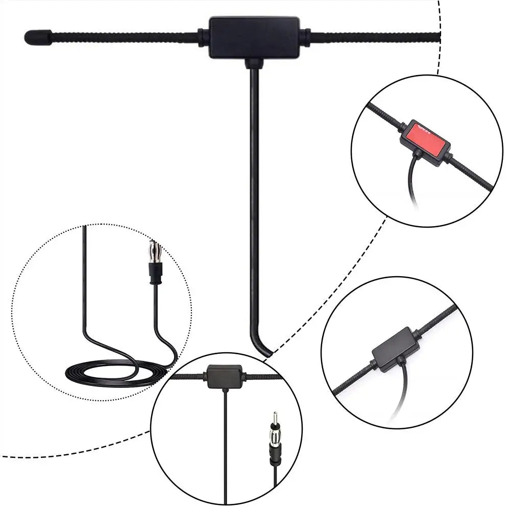 Diagram showing the components of a universal car windshield AM/FM radio antenna signal booster kit.