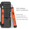 An orange USB intelligent electric screwdriver with a battery and batch head is shown next to its storage case.