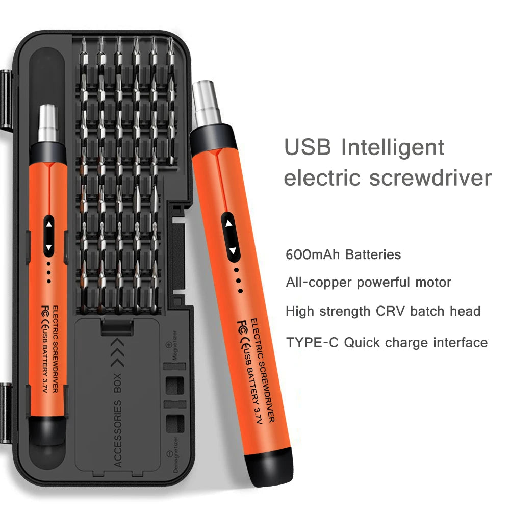 An orange USB intelligent electric screwdriver with a battery and batch head is shown next to its storage case.