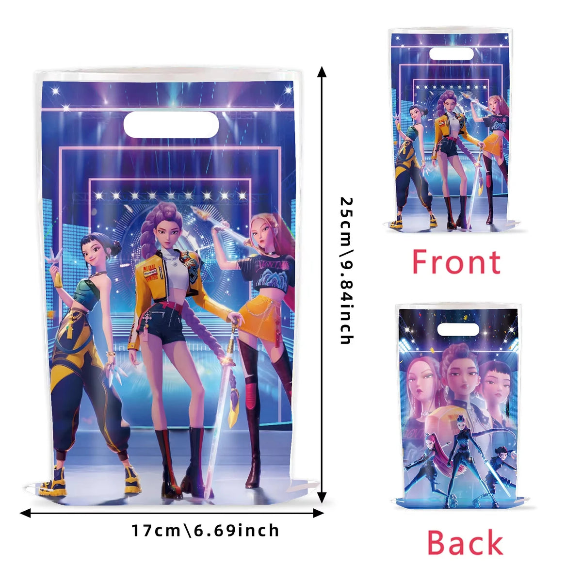 A vertical banner featuring K-Pop themed idols in colorful outfits and a sparkling background for a birthday party decoration