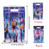 A vertical banner featuring K-Pop themed idols in colorful outfits and a sparkling background for a birthday party decoration