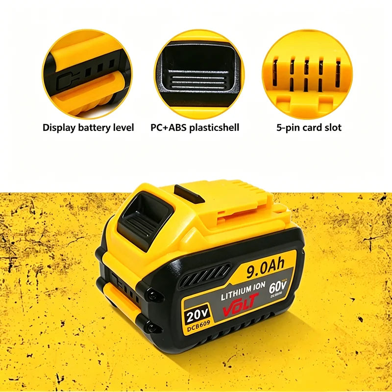 Yellow and black lithium-ion battery pack with display, plastic shell, and 5-pin card slot.