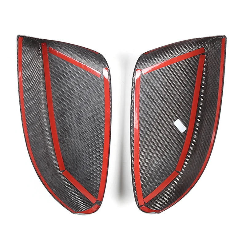 Pair of black carbon fiber side mirror covers with red accents for Maserati Ghibli/Quattroporte.