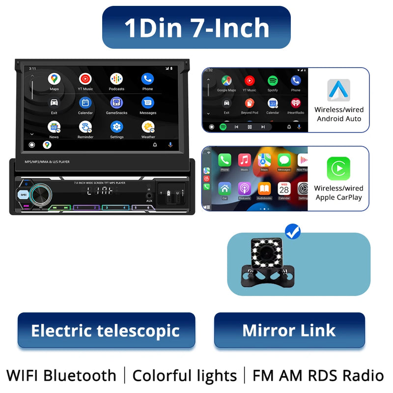 7-Inch Retractable Wireless CarPlay & Android Auto Head Unit