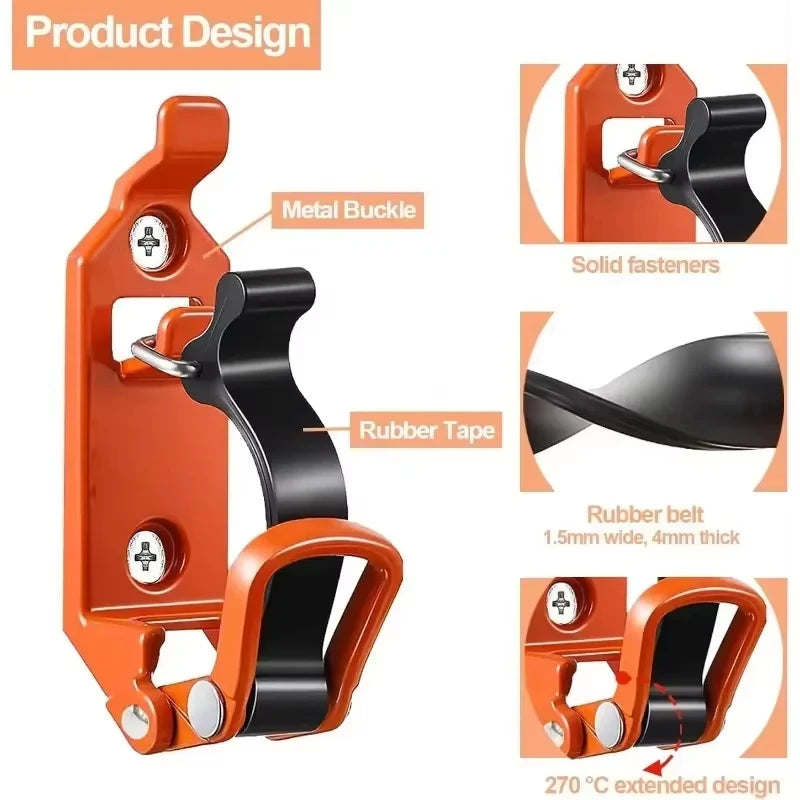 Orange heavy-duty wall mount tool holder featuring a metal buckle and rubber tape for secure tool storage.