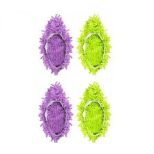 Five pairs of reusable microfiber mop slippers for dusting and cleaning, shown in purple and lime green.