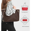 A woman holds a brown felt tote bag, showing its liner perspective and bottom mat perspective.