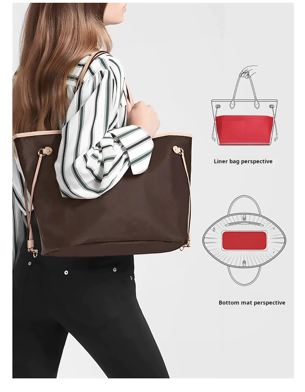 A woman holds a brown felt tote bag, showing its liner perspective and bottom mat perspective.