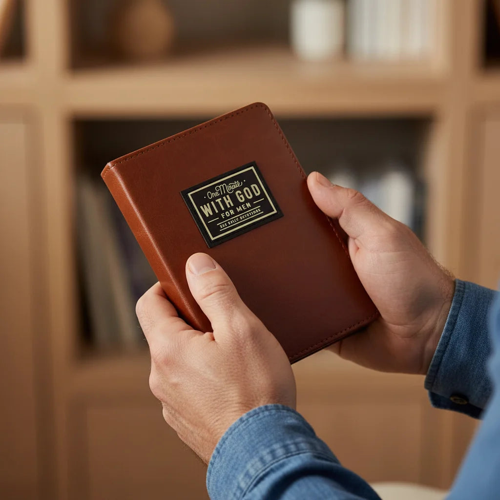 A person holds a brown leather prayer journal with the text With God for men on the cover.