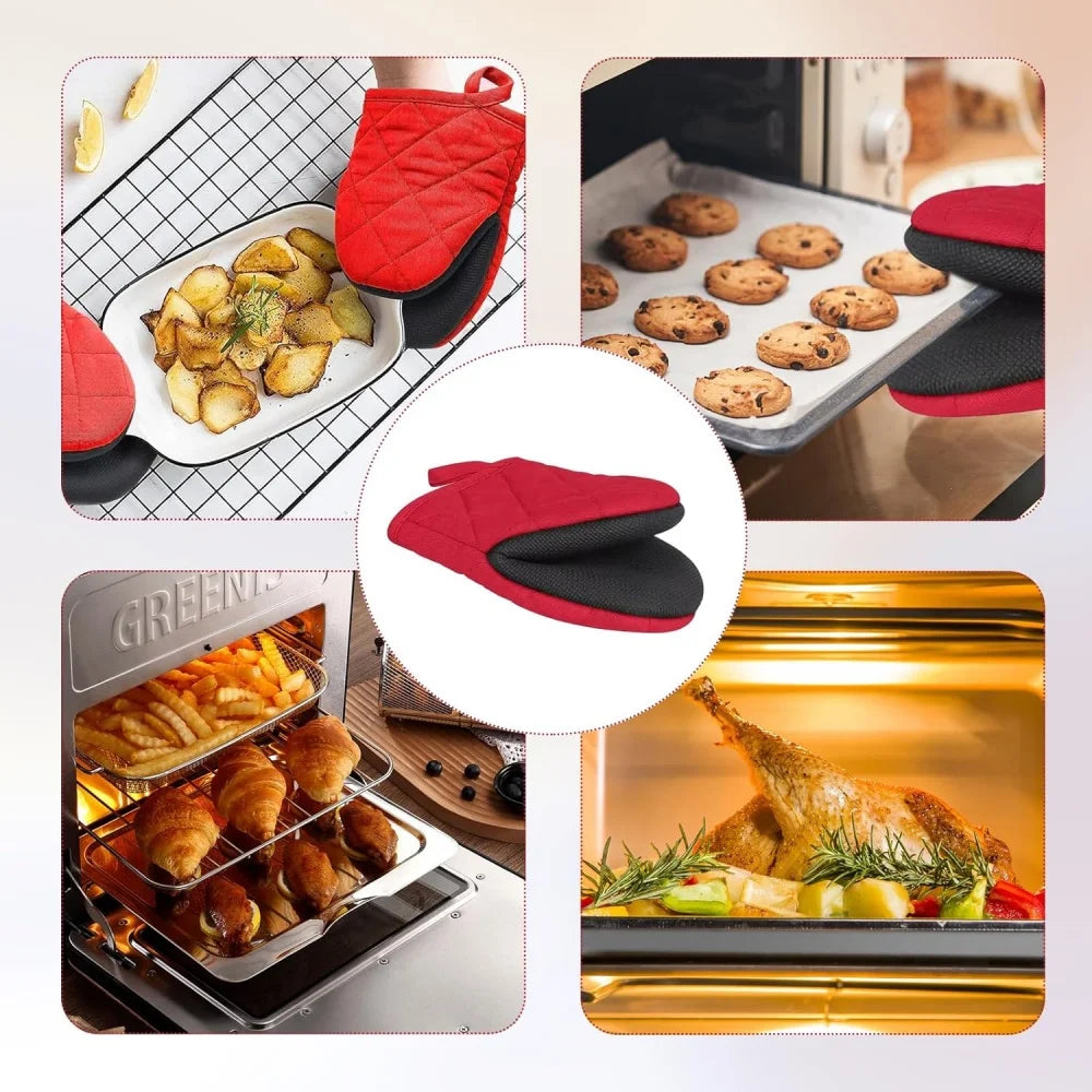 A set of red and black heat-resistant silicone oven mitts with non-slip grips shown in various contexts.