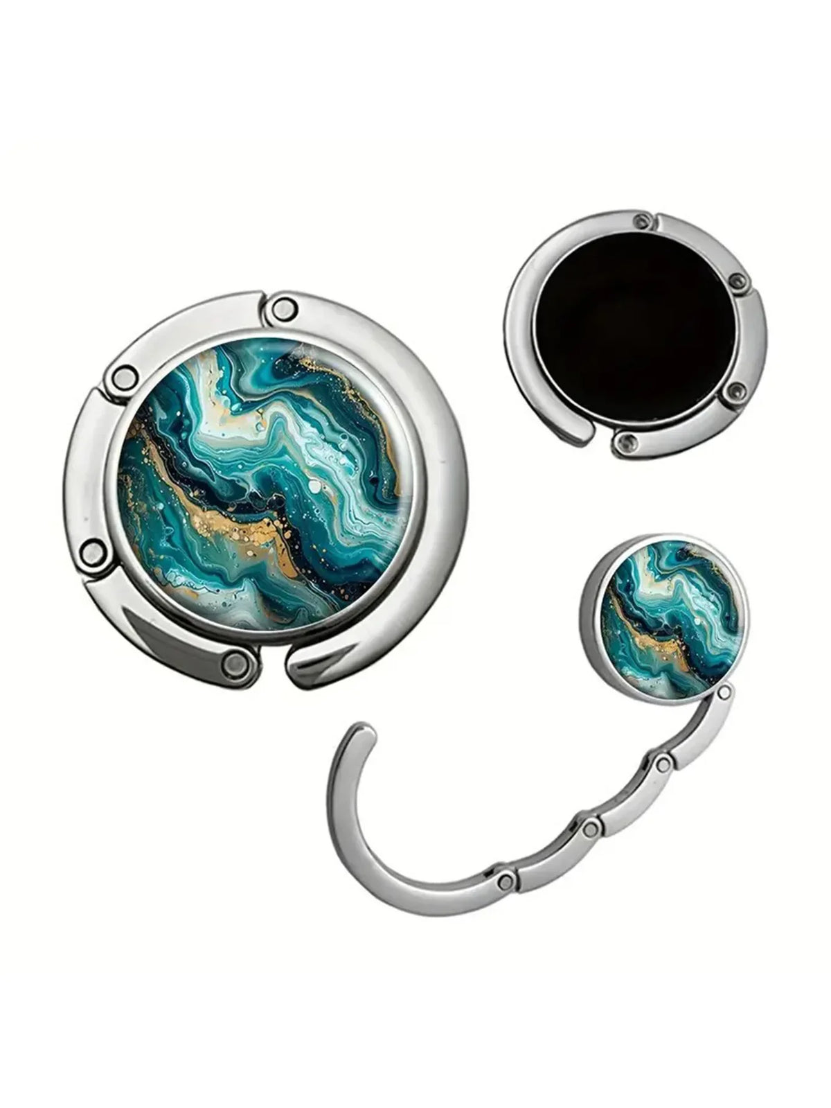Silver bag hook with a marbled turquoise and gold pattern design