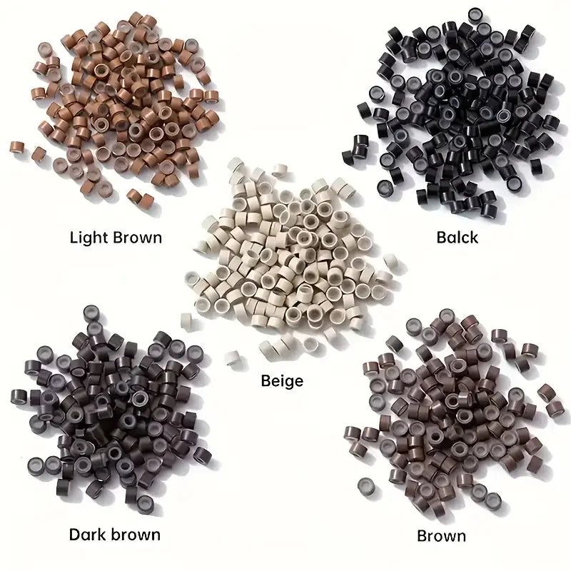 A collection of hair extension micro rings in various shades including Light Brown, Balck, Beige, Dark brown, and Brown.