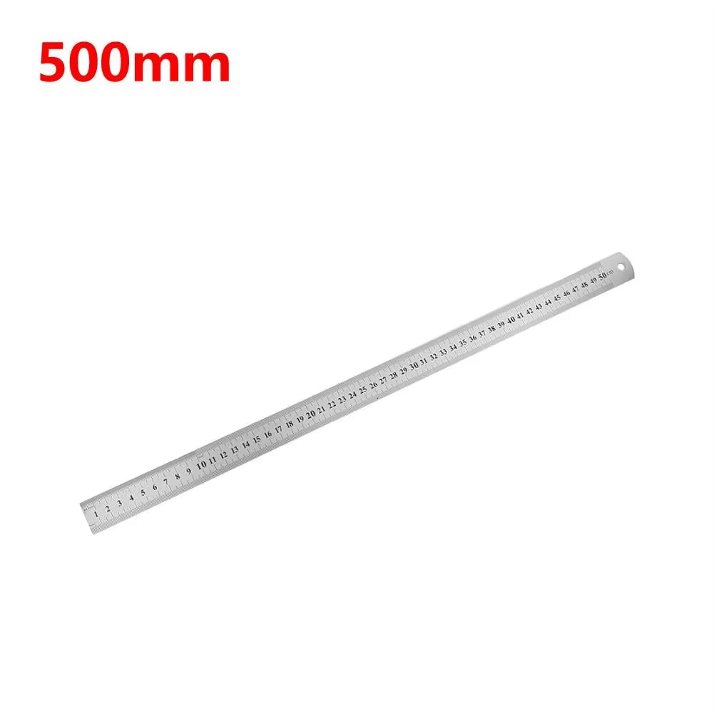 A stainless steel double-sided precision ruler marked in millimeters, showing a scale from 1 to 500mm.