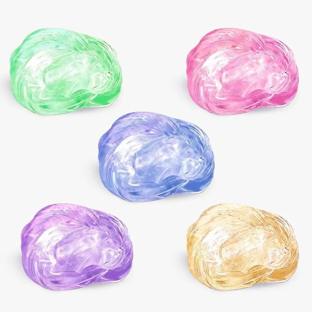 Five blobs of crystal clear stress putty in shades of green, pink, blue, purple, and yellow.