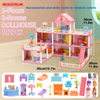 A pink 3-floor dollhouse with accessories and dolls, featuring various items in random colors.