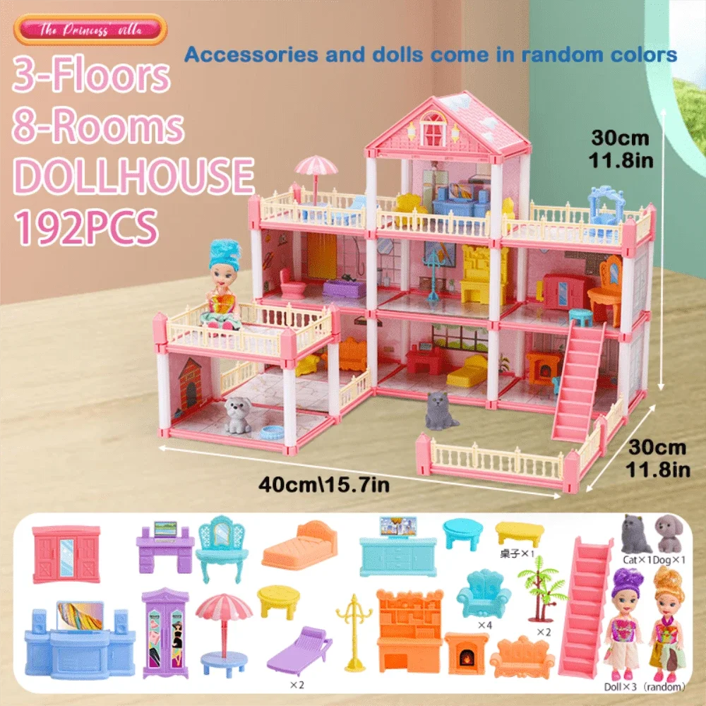 A pink 3-floor dollhouse with accessories and dolls, featuring various items in random colors.