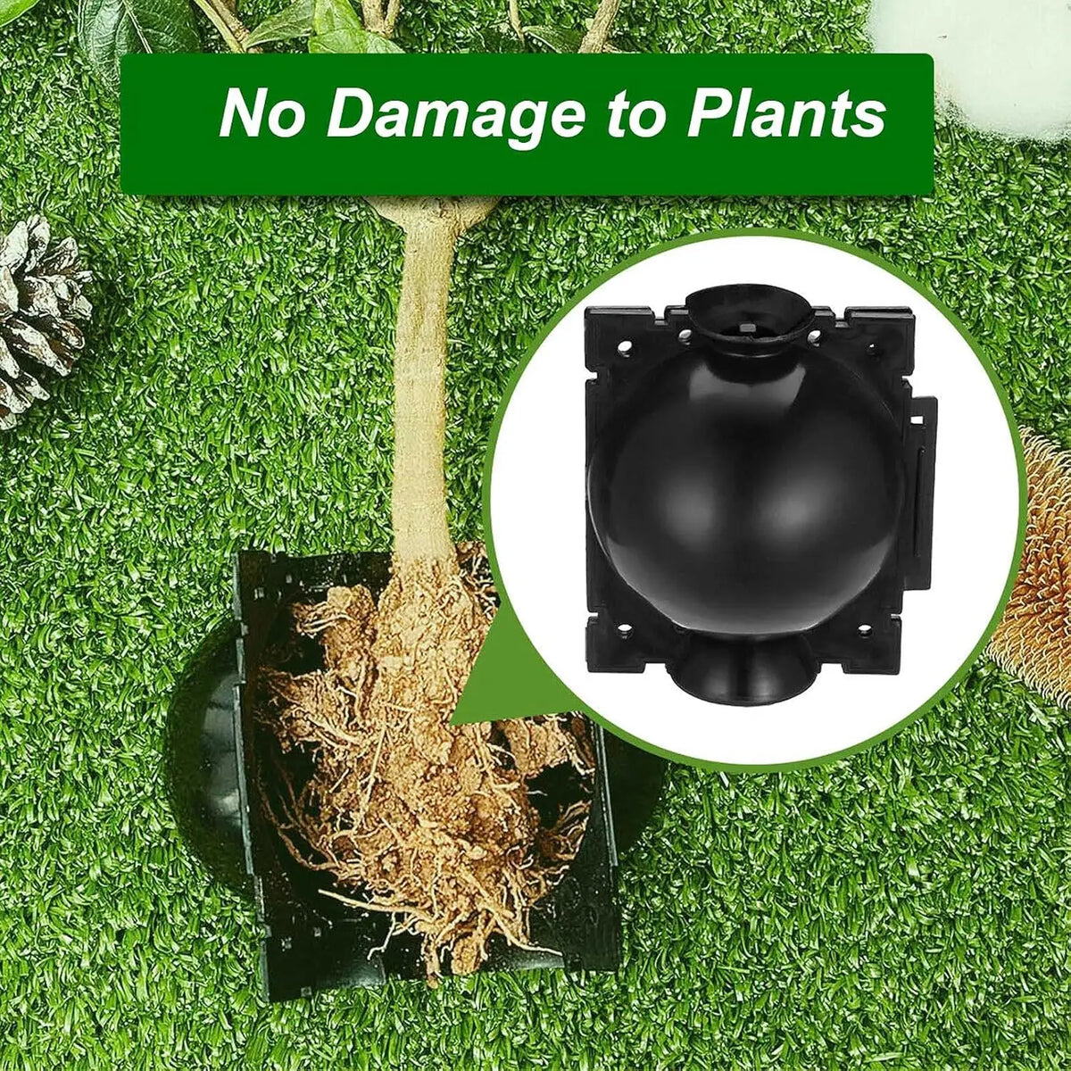 A black reusable plant rooting ball with a hinged lid is shown resting on green artificial turf.