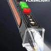 A close-up view of a flashlight pen with various colored switches and a clear lens tip.