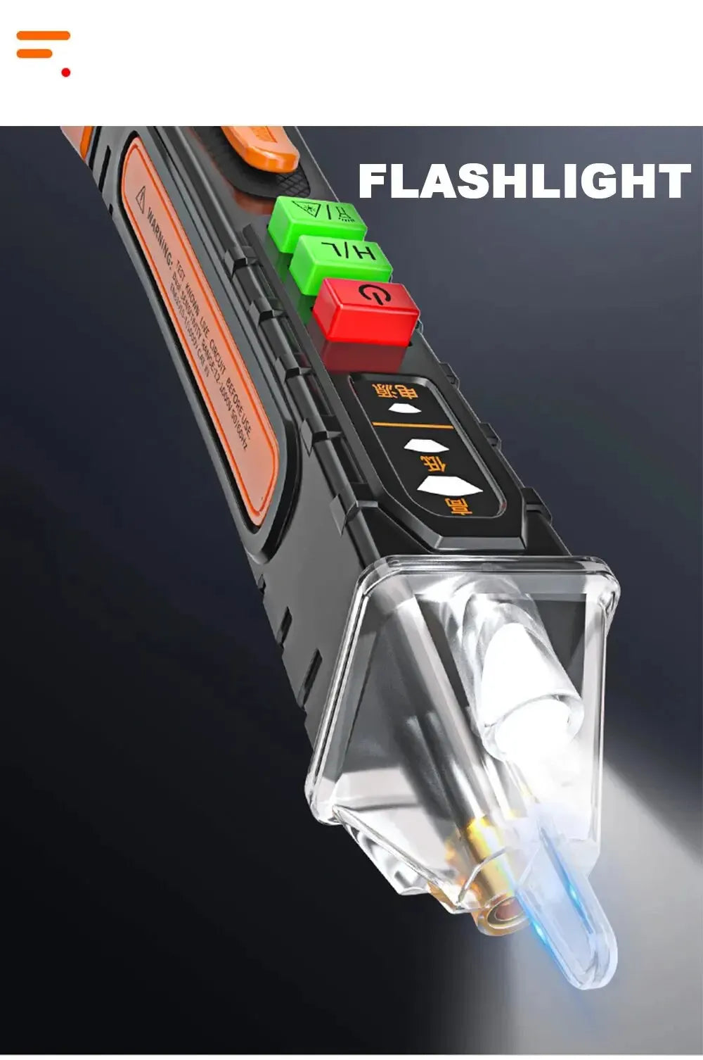 A close-up view of a flashlight pen with various colored switches and a clear lens tip.