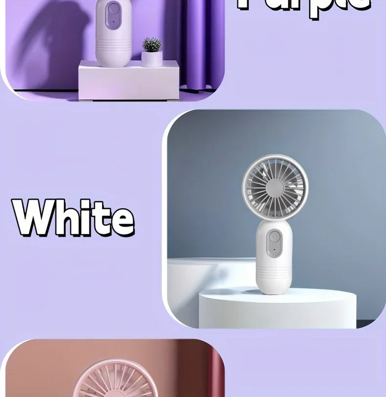 A white mini USB rechargeable handheld fan with a circular grille is shown on a light-colored stand.