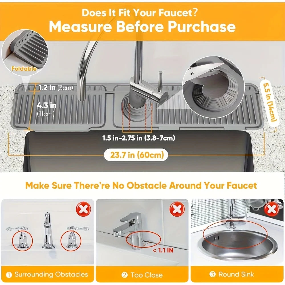 A kitchen sink splash guard is shown with various measurements and instructions for fitting it to a faucet.